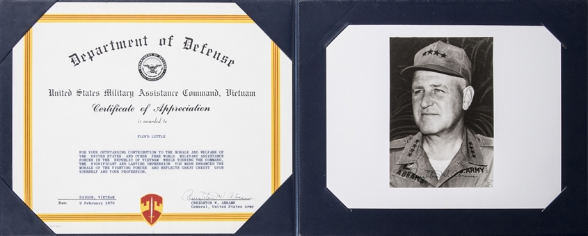 1970 Floyd Little Certificate of Appreciation from The United States Military Assistance Command